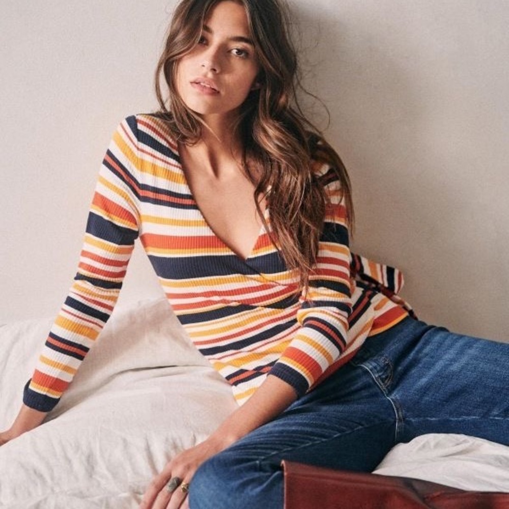 SÉZANE Adela Long Sleeve Stripe Wrap Top NWT